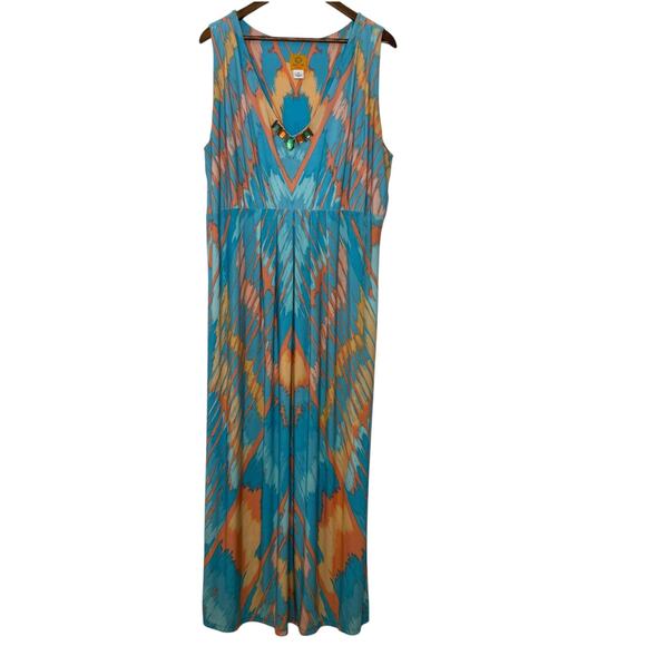 Ruby Rd Dress Womens 1X Blue Orange Sleeveless Maxi Jewel Neck Aztec Boho Print - Picture 1 of 6